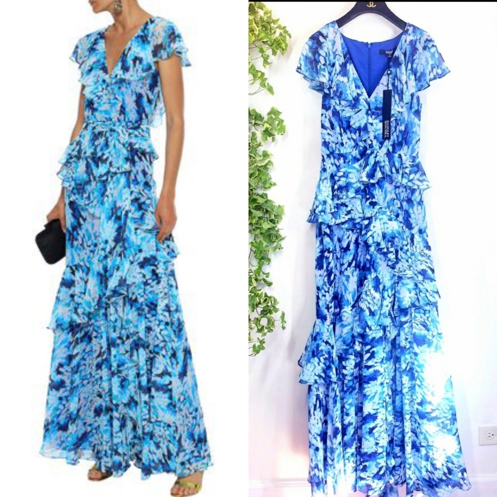 $890 NWT BADGLEY MISCHKA Blue Floral Tiered Gown 8 - Picture 1 of 9